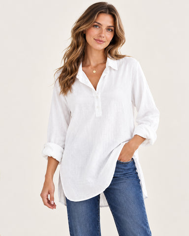 Women's Cotton Linen Button-Down Tunic Blouse