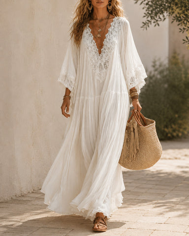 Deep V Lace Chiffon Batwing Sleeve Long Dress
