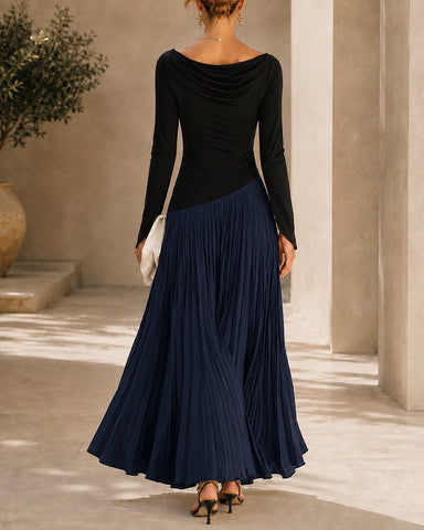Casual Colorblock Cowlette Neckline Long Dress
