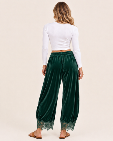 Corduroy Floral Lace Trim Wide Leg Pants