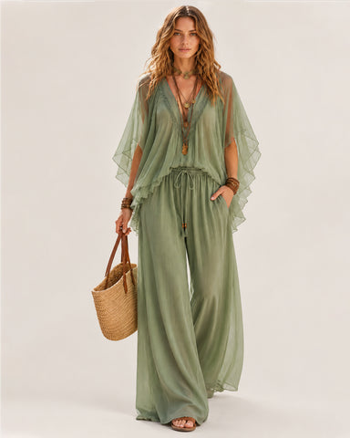 Deep V Chiffon Top and Drawstring Wide-Leg Pants