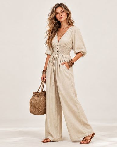 Women's Linen Blend V-Neck Wide-Leg Jumpsuit