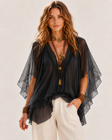Deep V Chiffon Top and Drawstring Wide-Leg Pants