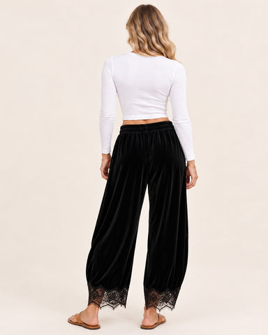 Corduroy Floral Lace Trim Wide Leg Pants