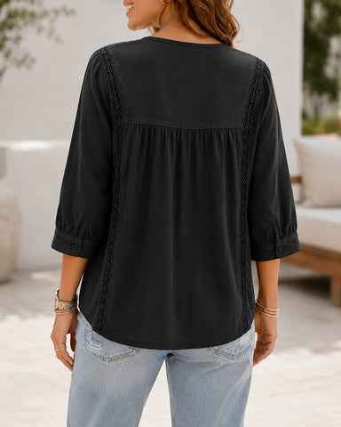 Casual Loose V Neck Cotton Linen Puff Sleeve Top