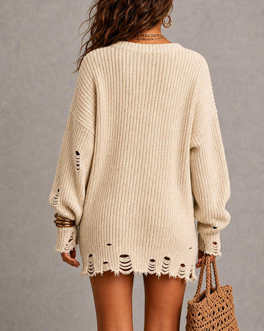 Casual Loose Round Neck Ripped Long Sweater