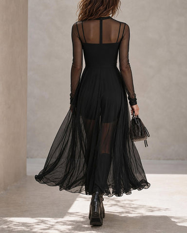 Elegant Sheer Mesh Panel Long Sleeve Long Dress