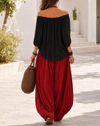 Colorblock Loose Off-Shoulder Top and Lantern Pants Set