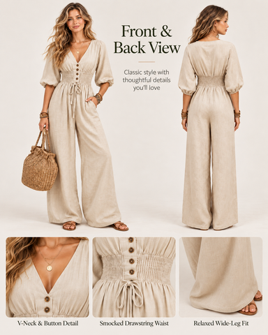 Women's Linen Blend V-Neck Wide-Leg Jumpsuit