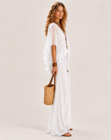 Deep V Chiffon Top and Drawstring Wide-Leg Pants