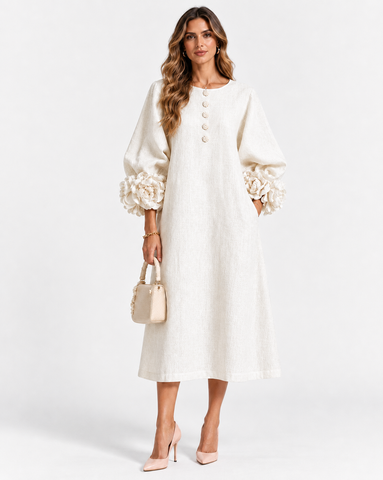 Cotton Linen Puff Sleeve Midi Dress