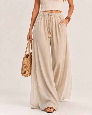Deep V Chiffon Top and Drawstring Wide-Leg Pants