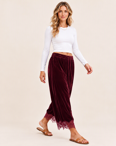 Corduroy Floral Lace Trim Wide Leg Pants