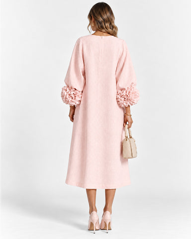 Cotton Linen Puff Sleeve Midi Dress