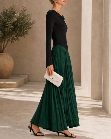 Casual Colorblock Cowlette Neckline Long Dress