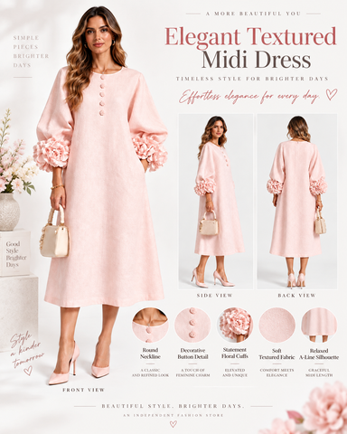 Cotton Linen Puff Sleeve Midi Dress