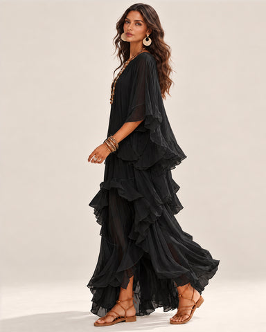 Women's Boho V-Neck Ruffle Maxi Dress
