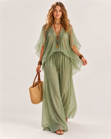 Deep V Chiffon Top and Drawstring Wide-Leg Pants