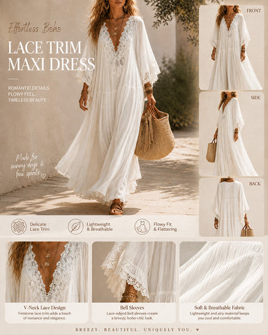 Deep V Lace Chiffon Batwing Sleeve Long Dress