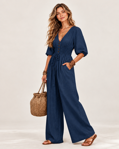Women's Linen Blend V-Neck Wide-Leg Jumpsuit