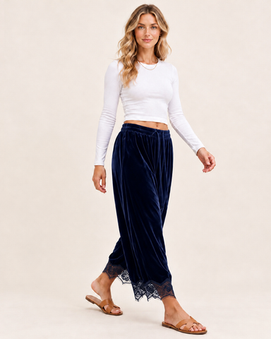 Corduroy Floral Lace Trim Wide Leg Pants