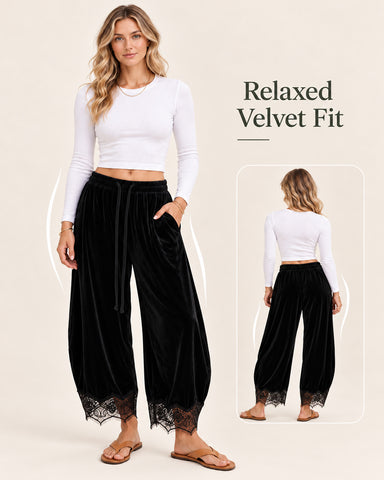 Corduroy Floral Lace Trim Wide Leg Pants