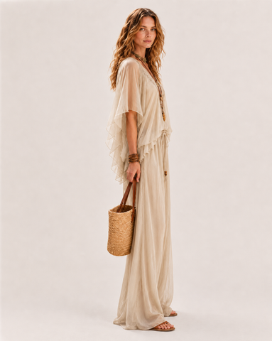Deep V Chiffon Top and Drawstring Wide-Leg Pants