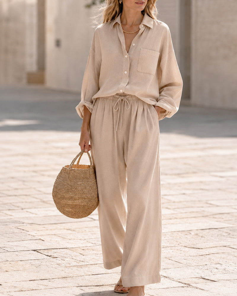 Casual Loose Cotton Linen Long Sleeve Shirt and Wide-leg Pants Set