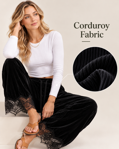 Corduroy Floral Lace Trim Wide Leg Pants