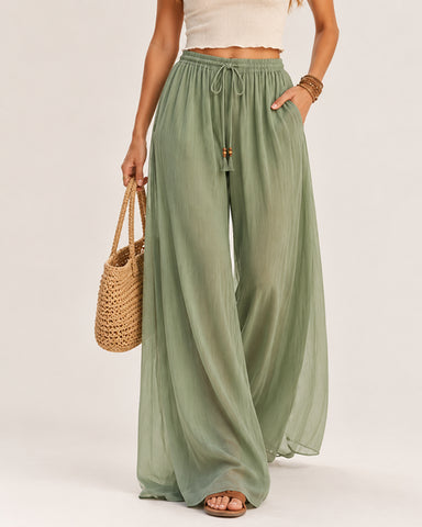 Deep V Chiffon Top and Drawstring Wide-Leg Pants
