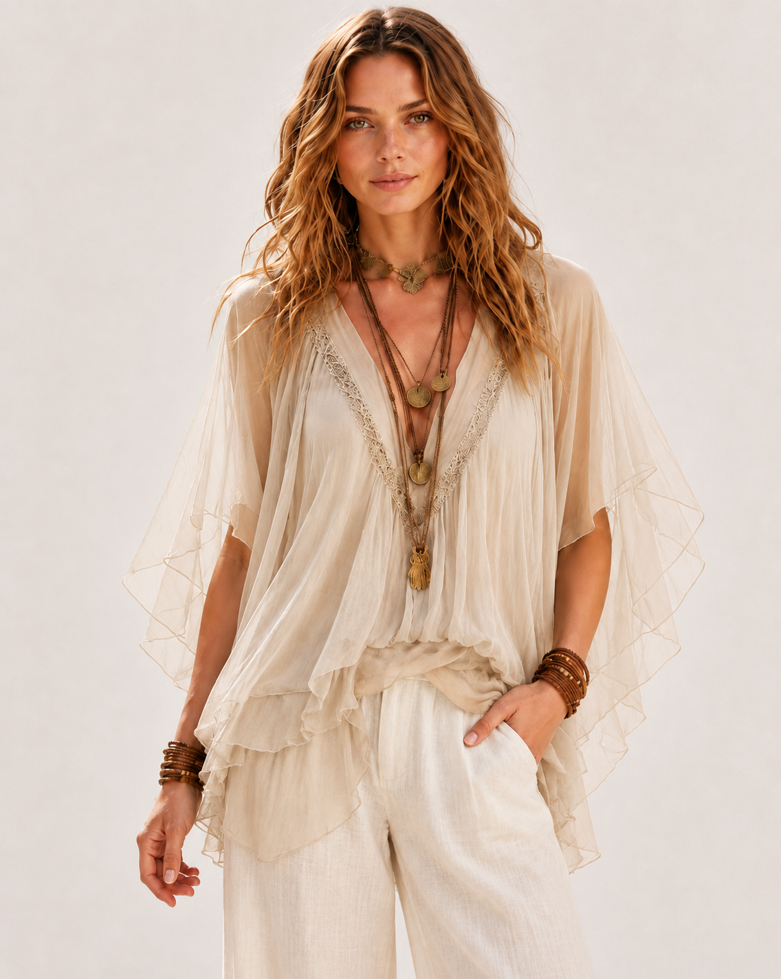 Deep V Chiffon Top and Drawstring Wide-Leg Pants