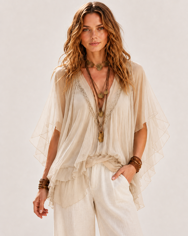 Deep V Chiffon Top and Drawstring Wide-Leg Pants