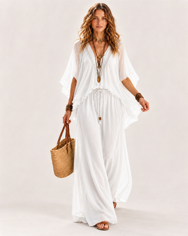 Deep V Chiffon Top and Drawstring Wide-Leg Pants