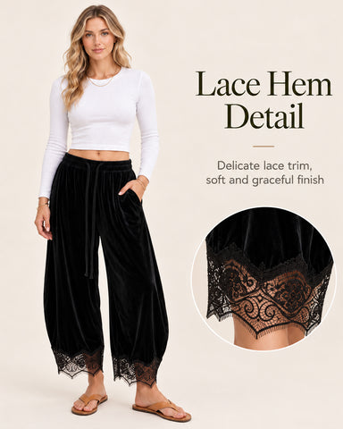 Corduroy Floral Lace Trim Wide Leg Pants