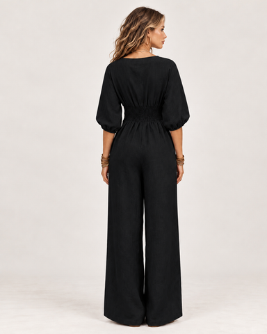 Women's Linen Blend V-Neck Wide-Leg Jumpsuit