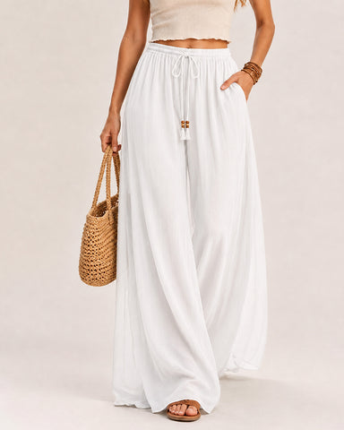 Deep V Chiffon Top and Drawstring Wide-Leg Pants