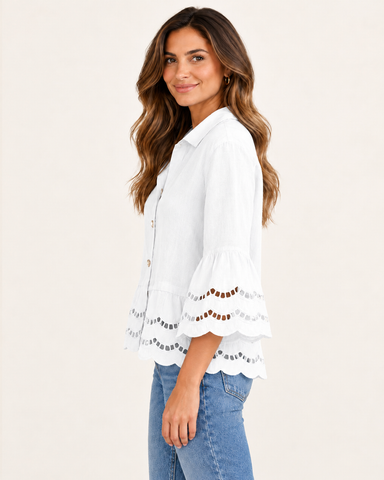 Women's Cotton Linen Lace Trim Blouse