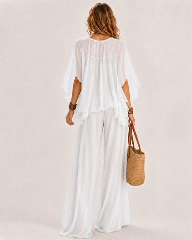 Deep V Chiffon Top and Drawstring Wide-Leg Pants