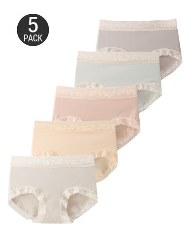 5-Pack Soft Lace-Trim Cotton High-Waist Panties