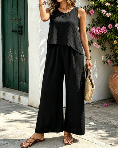 Crochet-Back Linen Pants Set