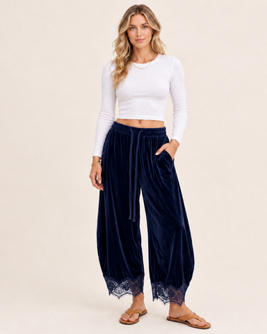 Corduroy Floral Lace Trim Wide Leg Pants