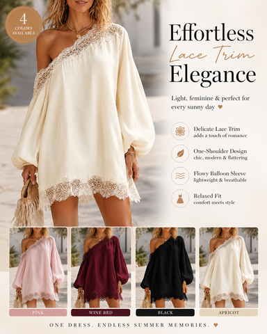 Off-Shoulder Lace Trim Chiffon Lantern Sleeve Dress