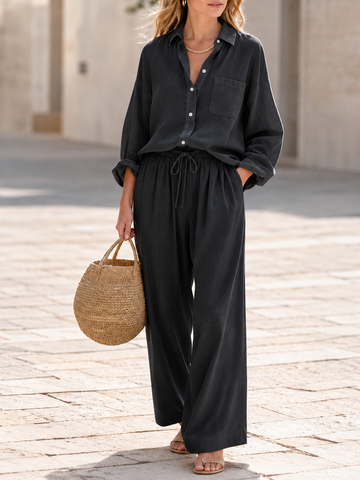 Casual Loose Cotton Linen Long Sleeve Shirt and Wide-leg Pants Set