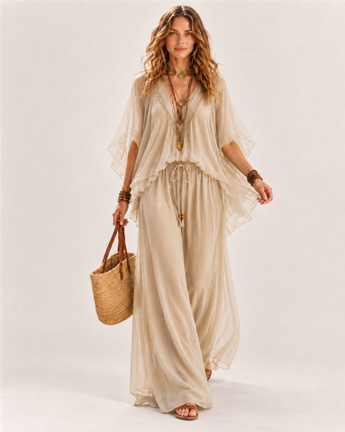 Deep V Chiffon Top and Drawstring Wide-Leg Pants
