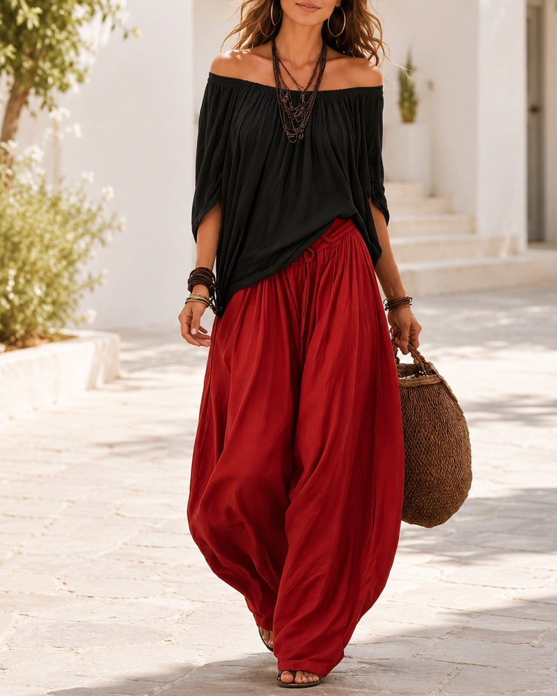 Colorblock Loose Off-Shoulder Top and Lantern Pants Set