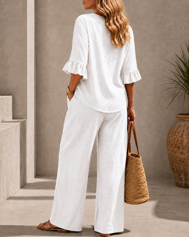 Button Detail Cotton Linen Set