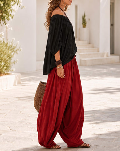 Colorblock Loose Off-Shoulder Top and Lantern Pants Set
