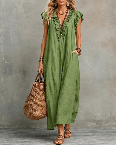 Cotton Linen V-Neck Maxi Dress