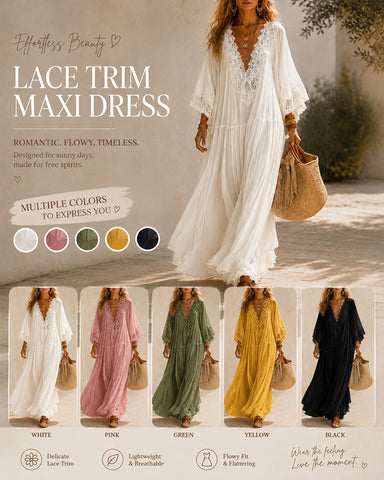 Deep V Lace Chiffon Batwing Sleeve Long Dress