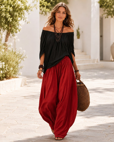 Colorblock Loose Off-Shoulder Top and Lantern Pants Set